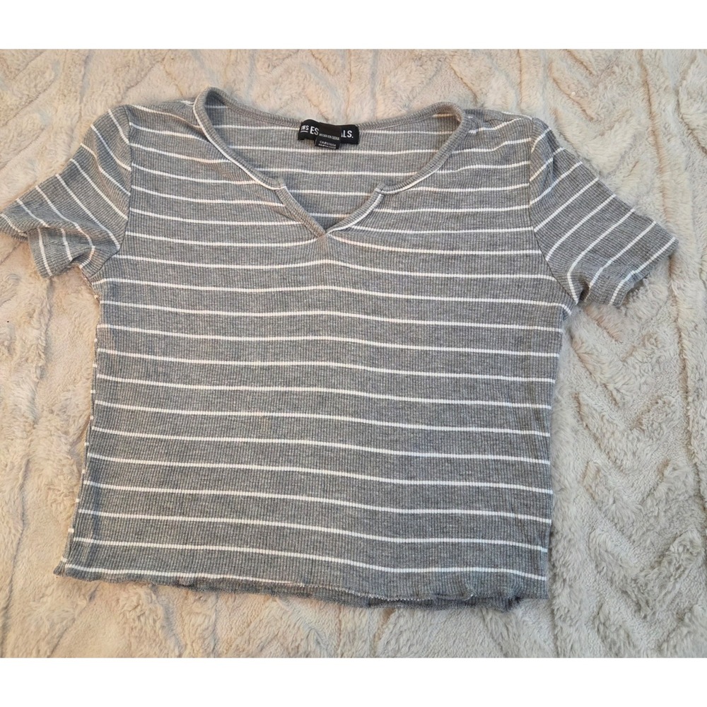 SWS Essentials Grey White Striped Ribbed Notch Neck Lettuce Hem Crop Top Small‎